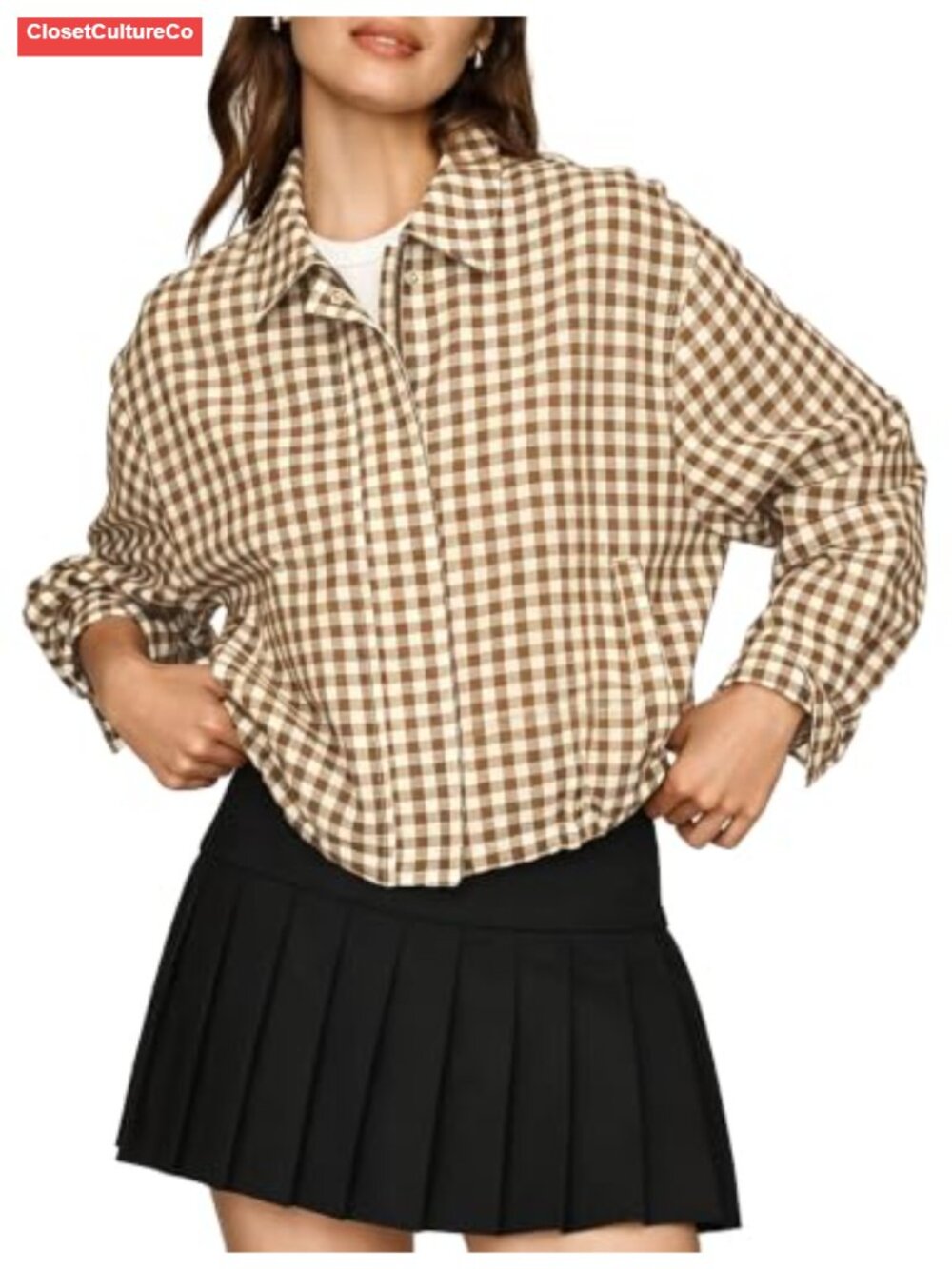 Gingham Bomber Jacket Oversized Cropped Long Sleeve Coat